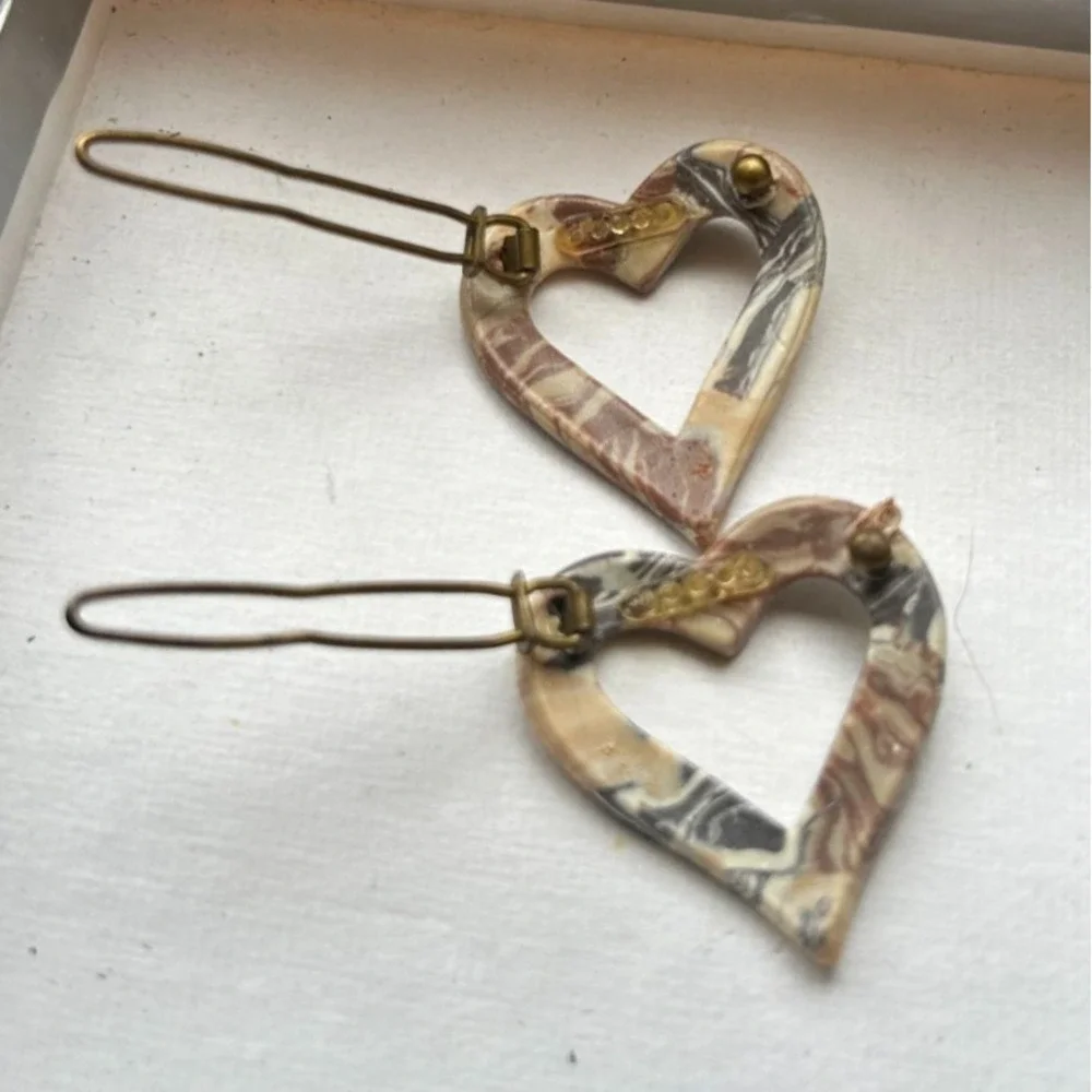 Vintage France Marbled Heart Hair Clips Pair 1970s Tortoiseshell Open Barrette